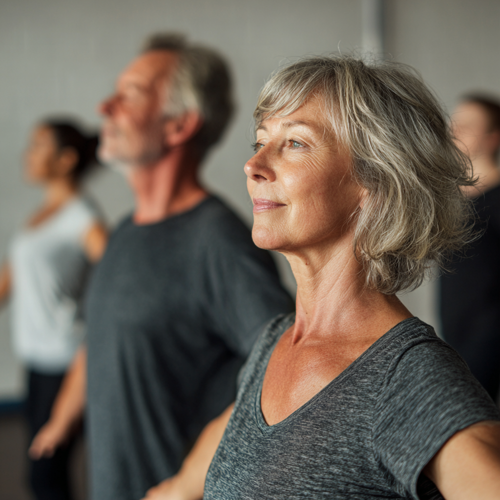 Middle-aged adults practicing functional movement exercises in a calm studio environment
